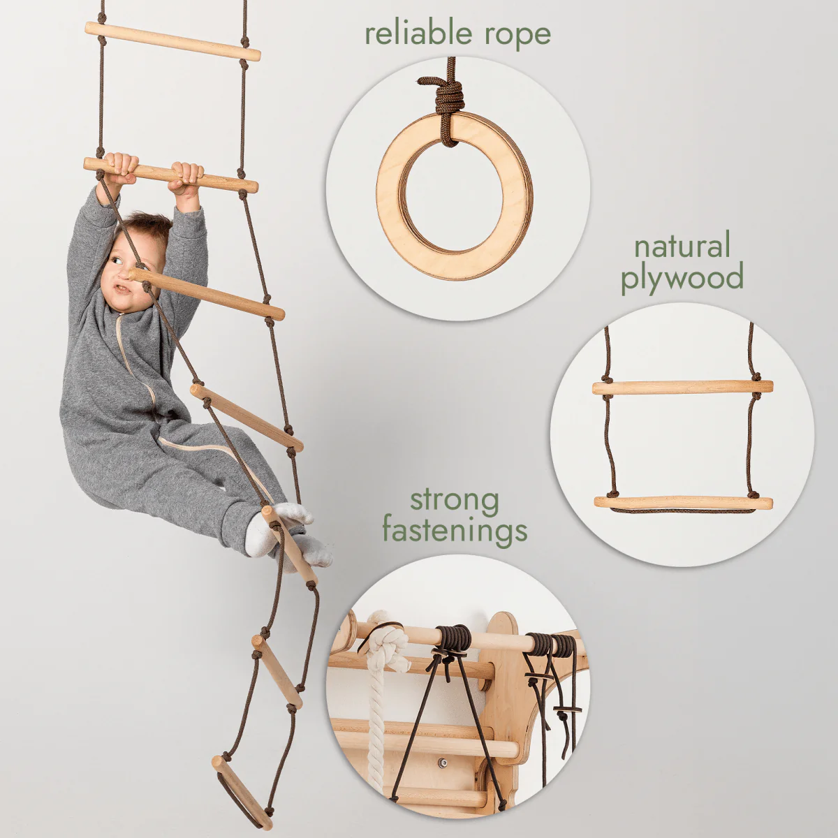 3in1 Swings Set: Rope Ladder + Gymnastic Rings + Disc Rope Swing - Image 3