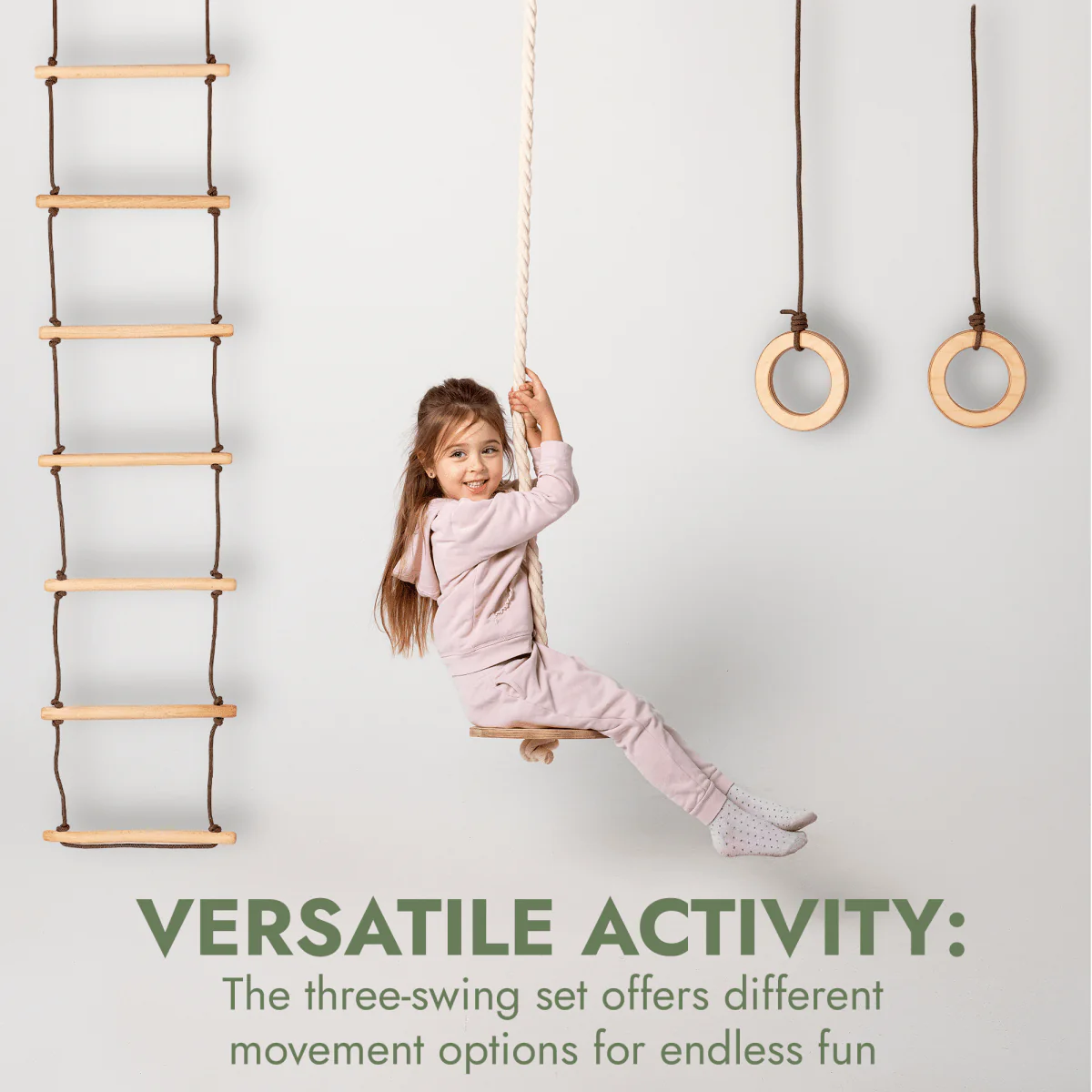 3in1 Swings Set: Rope Ladder + Gymnastic Rings + Disc Rope Swing - Image 7