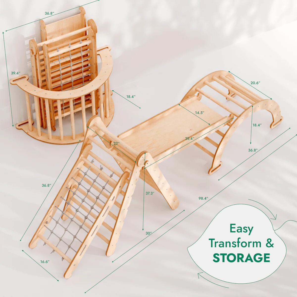 4in1 Montessori Climbing Frame Set: Triangle Ladder + Arch/Rocker + Slide Board/Ramp + Netting rope - Image 3
