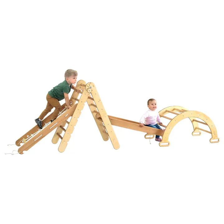 4in1 Montessori Climbing Set: Triangle Ladder + Arch/Rocker + Slide Board/Ramp + Net – Chocolate - Image 11