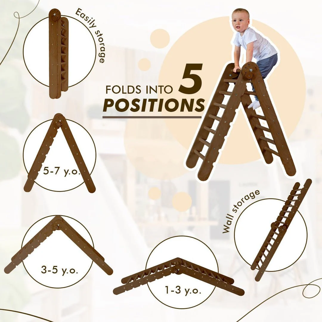 4in1 Montessori Climbing Set: Triangle Ladder + Arch/Rocker + Slide Board/Ramp + Net – Chocolate - Image 3