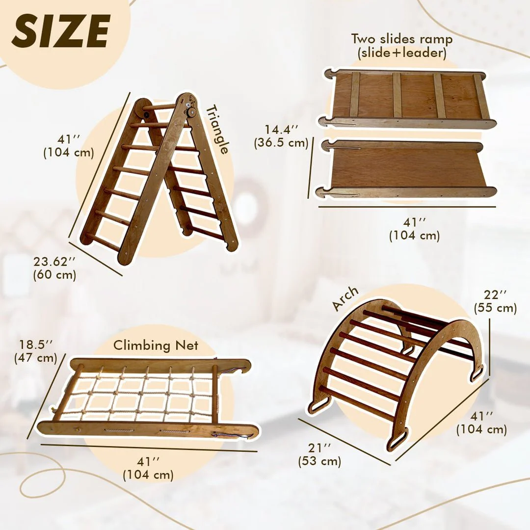 4in1 Montessori Climbing Set: Triangle Ladder + Arch/Rocker + Slide Board/Ramp + Net – Chocolate - Image 5