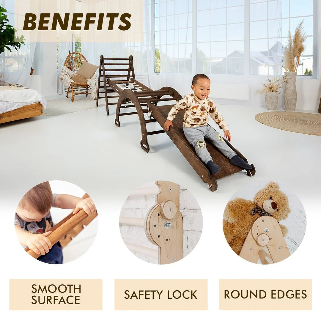 4in1 Montessori Climbing Set: Triangle Ladder + Arch/Rocker + Slide Board/Ramp + Net – Chocolate - Image 6