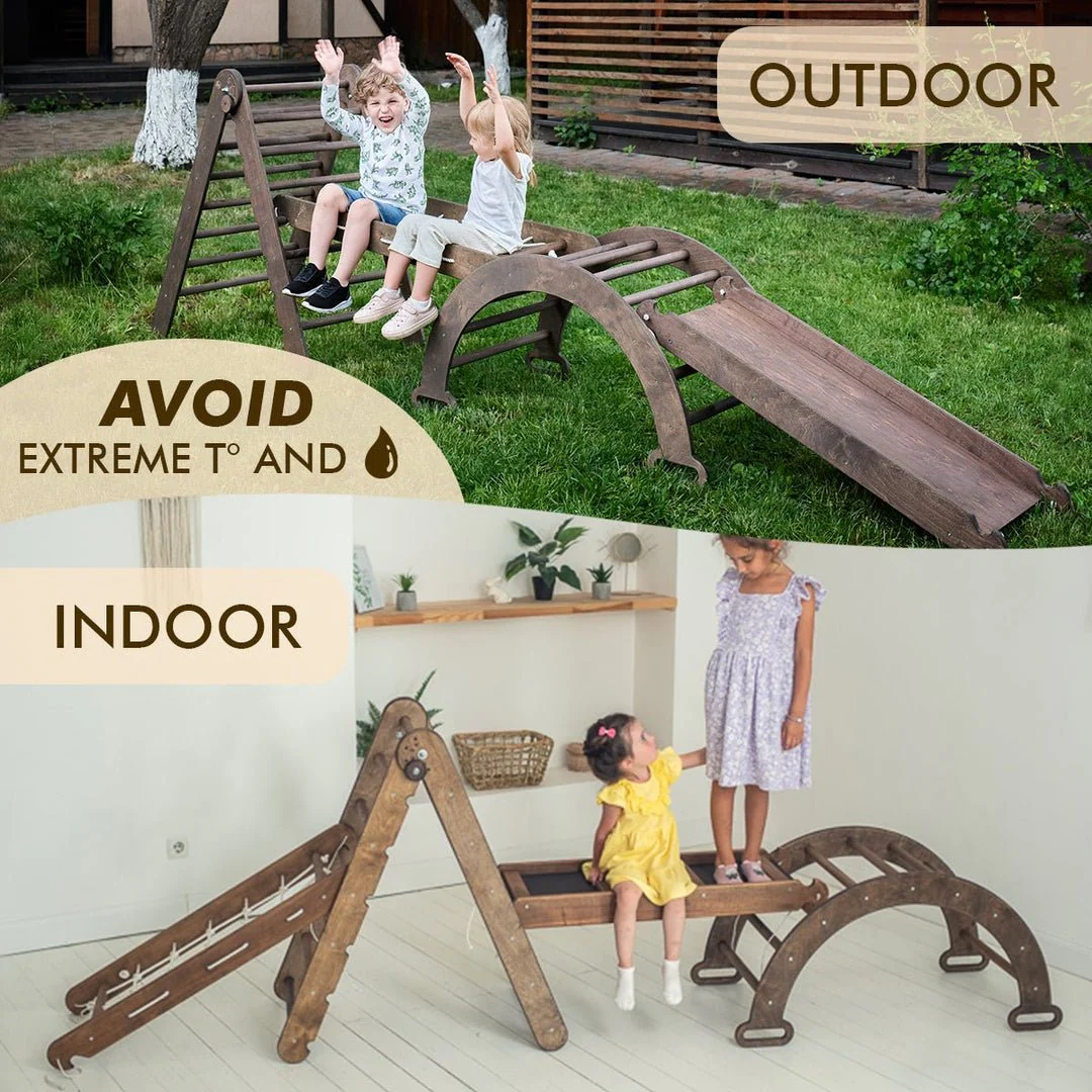 4in1 Montessori Climbing Set: Triangle Ladder + Arch/Rocker + Slide Board/Ramp + Net – Chocolate - Image 7