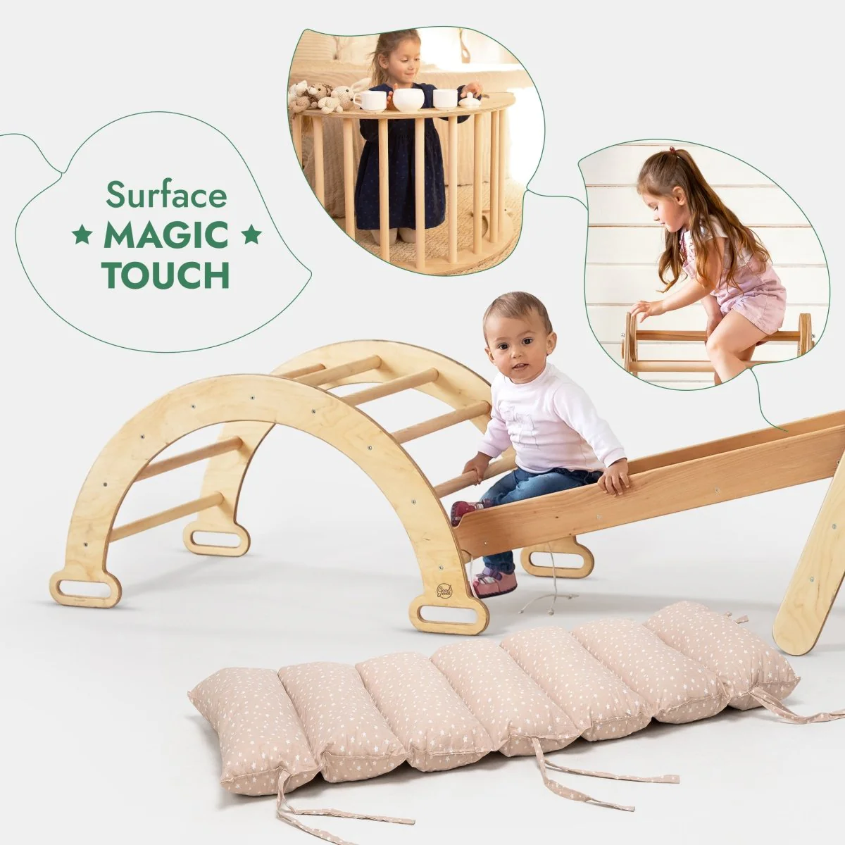 5in1 Montessori Climbing Frame Set: Triangle Ladder + Arch/Rocker + Slide Board/Ramp + Netting rope + Cushion - Image 3