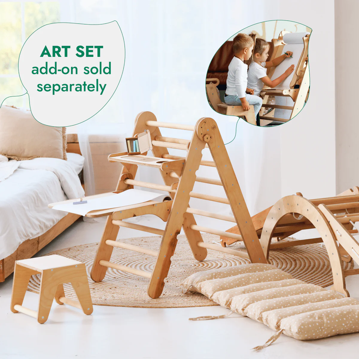 5in1 Montessori Climbing Frame Set: Triangle Ladder + Arch/Rocker + Slide Board/Ramp + Netting rope + Cushion - Image 4