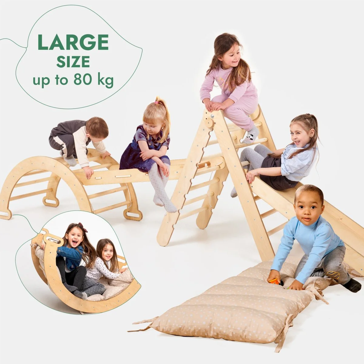 5in1 Montessori Climbing Frame Set: Triangle Ladder + Arch/Rocker + Slide Board/Ramp + Netting rope + Cushion - Image 7