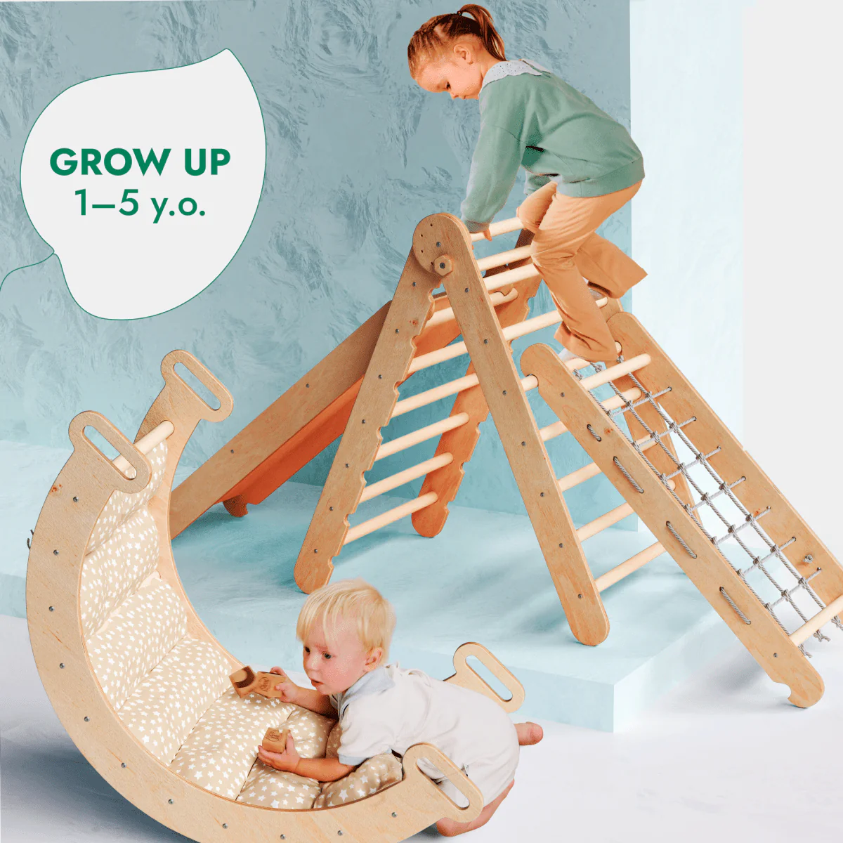 5in1 Montessori Climbing Frame Set: Triangle Ladder + Arch/Rocker + Slide Board/Ramp + Netting rope + Cushion - Image 9